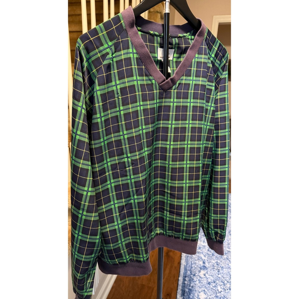 EP Pro Golf Windshirt Mens Large Green Navy Plaid V-Neck Pullover Windbreaker